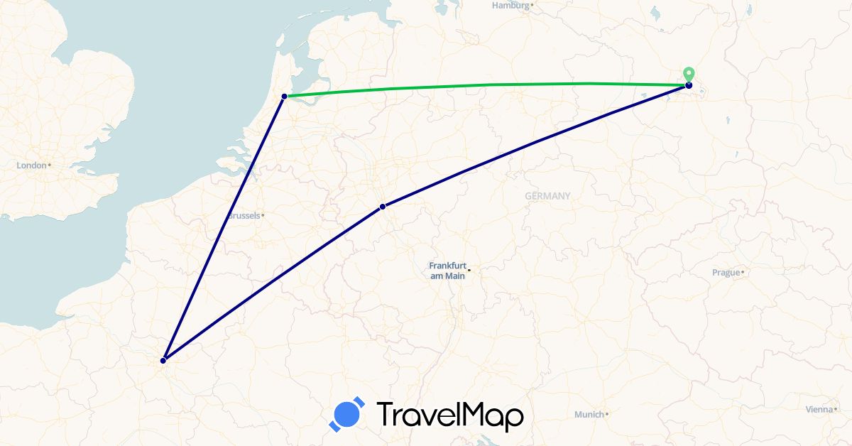 TravelMap itinerary: driving, bus in Germany, France, Netherlands (Europe)